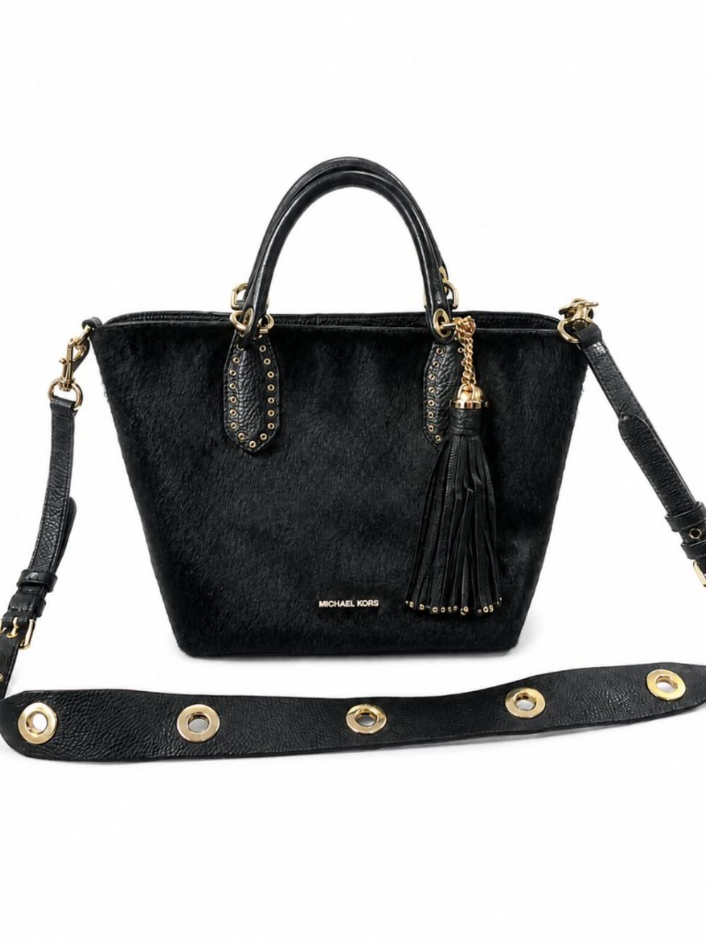 Michael Kors Black Haircalf Leather Satchel Crossbody Tote Tassel Gold Hardware